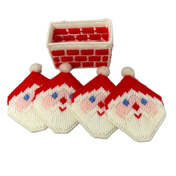 Vintage Santa Claus Coasters Set and Holder Cross Stitch Plastic Canvas - Picture 2 of 6